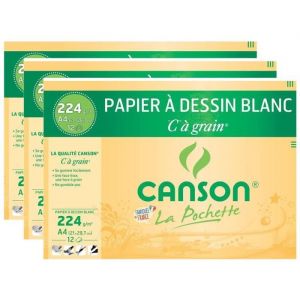 Pochettes de Papier Dessin - CANSON - C à Grain - Lot de 3 - 12 Feuilles A4 - 224g Blanc