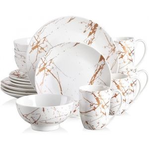 LOVECASA S&eacute;rie Sweet. 16pcs Service de Table Complet Moderne en Porcelaine pour 4 Personnes &agrave; Motif Plaqu&eacute; Or - Blanc