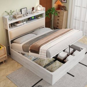 Lit Coffre Cadre de Lit 140 x 200 cm avec Mécanisme de Levage Hydraulique Ports USB Espace de Rangement Intégré Lit Double Blanc