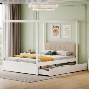 Lit &agrave; baldaquin 140x200cm Lit adulte Lit double en bois avec 2 Tiroirs T&ecirc;te du lit et Sommier &agrave; lattes - blanc