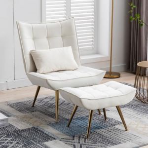 Wahson Fauteuil Scandinave en Velours Fauteuil Salon avec Repose-Pieds Fauteuil Relaxation Rembourés pour Salon ou Chambre,Beige