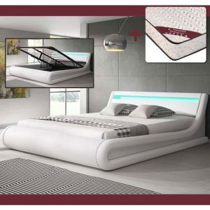 Lit Coffre avec Matelas Texas 180x200cm  Couleur Blanc LED  Matériaux bois et simili cuir  Rangement  PARISINA