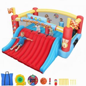 Grande Ch&acirc;teau Gonflable pour Enfants avec Toboggan Extra-Large et Parcours dObstacles Paniers de Basket DoubleSoufflerie Incluse
