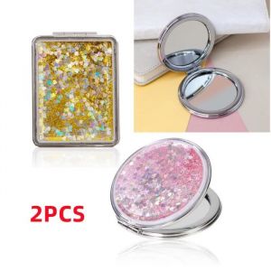 Mini miroir pliable de poche pour maquillage - Rose/Or - 2x Loupe - L&eacute;ger et compact