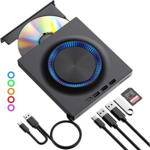 Lecteur CD DVD Externe - FANTEC - Graveur DVD USB 3.0 et USB-C - Compatible Windows/MacOS - Fente SD/TF