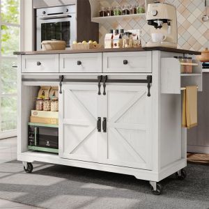 Ilot Central Cuisine avec Rangement et Plan de Travail Buffet Salle a Manger avec RoulettesBlanc3 Tiroirs et Portes Coulissantes