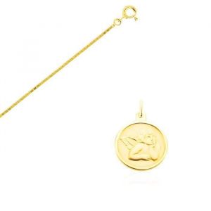 Collier - Enfant/Bébé - Chaîne et Pendentif - Médaille - Ange - Baptême - 16 mm - Plaqué Or Jaune 750/1000 - 3 Microns - 45 cm