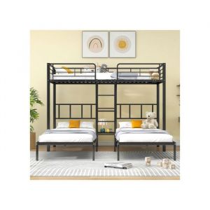 O.Ye Lit Superposé Triple 90x200 cm Sans Matelas Lit Enfant Noir Métal Avec Barrière De Sécurité Et Bureau LITS SUPERPOSES