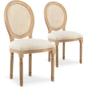 Lot de 2 chaises m&eacute;daillon Louis XVI Cannage Rotin tissu Beige