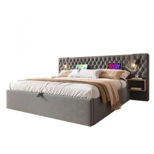 Lit Coffre 160 X 200 Cm Avec 2 Chevets Liseuse Tête De Lit Recharge USB Gris Velours (sans Matelas)