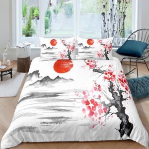 Peinture traditionnelle japonaise Parure de lit 3 pieces 1 housse de couette 200*200cm et 2 taies doreillers 63*63cm