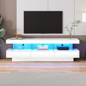 Meuble TV tele LED avec 3 compartiments en verre connect&eacute;e par Bluetooth Blanc