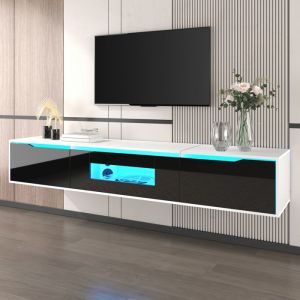 Banc TV Meuble TV Suspendu Moderne avec &Eacute;clairage LED Haut Brillant Noir et Bois 180 x 35 x 30 cm
