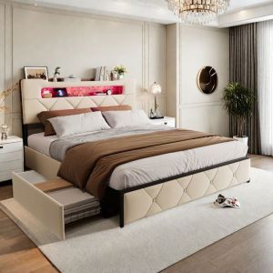 Lit 140x190 avec Rangement et Sommier Lit Double rembourr&eacute; avec &eacute;clairage LED et Port USB 4 tiroir (Beige Velours 140x190).