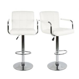 Lot de 2 Tabouret de Bar - Similicuir Blanc - R&eacute;glable Pivotant Bien R&eacute;mbourr&eacute;