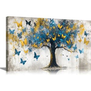 Arbre De Vie Toile Art Mural Fleur Arbre D&eacute;coration Murale Photo Affiche Papillon Impression pour Salon D&eacute;coration 60x120 DIY Cadre