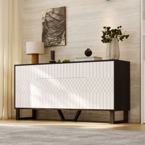 Buffet &agrave; motifs avec 4 Portes et 1 Tiroir Meuble de Salon avec Plateau Laqu&eacute; Chambre et Salon 160x40x77.5 Blanc et Noir