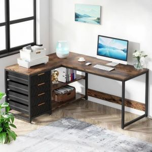 Bureau dangle en Forme de L-Etagères de rangement-Bureau Gaming en Forme L-Grand plateau-bureau gaming angle-150 x 120 x 75cm
