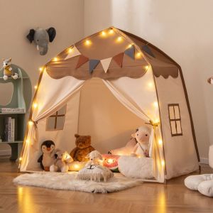 GOPLUS Grande Tente dactivite pour Enfants Tente Dôme dIntérieur et dExtérieur avec Lumières Vives Tente Tipi Lavable Marron