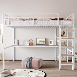 Lit mezzanine en m&eacute;tal 140x200 cm - &eacute;chelle de s&eacute;curit&eacute; avec marches - Avec table et &eacute;tag&egrave;re - Blanc (matelas non inclus)
