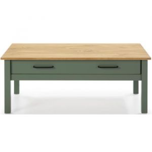 Table basse en pin massif ciré avec rangements coloris naturel-vert foncé - Longueur 100 x Profondeur 55 x Hauteur 40 cm