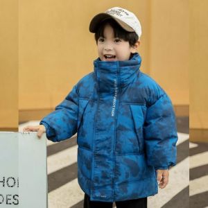 Doudoune Gar&ccedil;on Mi-Longue Hiver Chaude Camouflage Col montant Manches Longues - Bleu