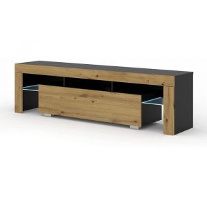 Meuble TV bas EMU 162 cm avec &eacute;tag&egrave;res (noir mat et ch&ecirc;ne artisan avec LED)