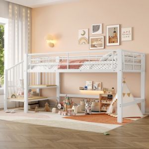Lit mezzanine enfant métal 90×200 cm Lit mi-hauteur Lit simple avec escalier de rangement et sommier à lattes - blanc