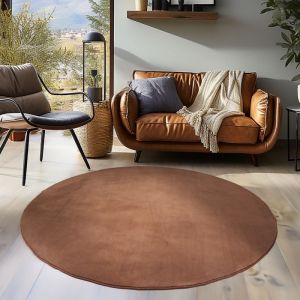 Teppium Tapis salon 120 cm Rond Marron Uni moderne et moelleux &agrave; poil court avec sous-couche antid&eacute;rapante lavable