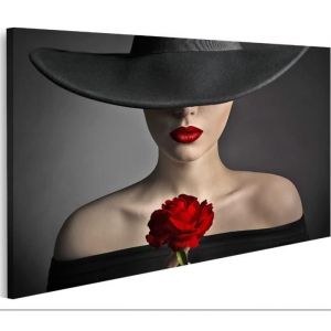 Tableau sur toile Fleur Rose Rouge Lèvres Femme Chapeau Noir Mannequin Beauté Affiche Poster Murale Tableaux 30x60cm avec cadre