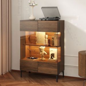 Vitrine avec 2 Portes en Verre 4 Étagères et Pieds en Métal Buffet à Éclairage LED pour Salle de Séjour 38.2x80x115cm Marron