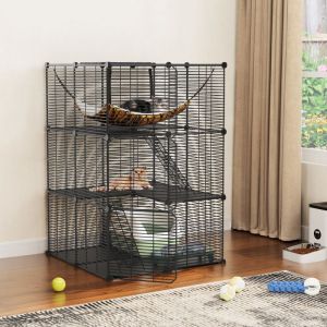 YITAHOME Cage &agrave; chat pour lext&eacute;rieur et lint&eacute;rieur - 71 x 71 x 104cm - &agrave; 3 niveaux - pour 1-2 chats - Lapin - Noir