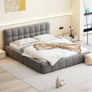 Lit double 140x190cm Lit 140x190 cm avec sommier cadre de lit lit au sol Lit Capitonn&eacute; avec T&ecirc;te de Lit lin Gris