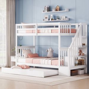 Lit superposé enfant 3 places 90x200cm Lit triple bois avec lit gigogne balustrade escalier rangement et sommiers à lattes - blanc