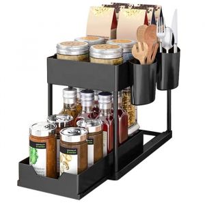 Rangement Sous &Eacute;vier &agrave; 2 Niveaux - Panier de Rangement Coulissant - ERROLVES - Noir - 40*21.5*36 CM