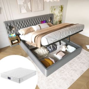 MODFU Lit coffre 160 x 200 cm avec 2 chevets liseuse tête de lit recharge USB gris (avec matelas)