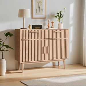 Buffet bas avec 2 portes et 2 tiroirs - Buffet de salon - grand espace de rangement - 100x35x80cm - MDF - Naturel