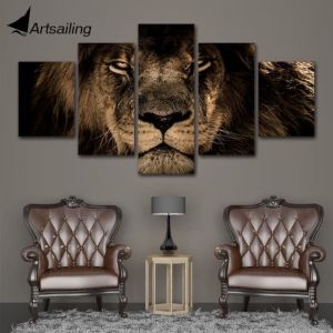 JIE-74 Tableaux modulaires &agrave; 5 panneaux peinture sur toile avec animaux roi Lion d&eacute;coration murale pour la maiso (Sans cadre)