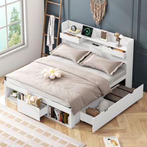 Lit double 140 x 190 cm avec port USB tiroirs et armoire de rangement lit enfant lit ado pin blanc sans matelas