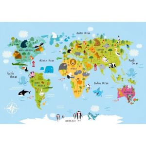 Papier Peint Panoramique Dessin Anim&eacute; Moderne Carte Du Monde Animaux Mer Chambre 350x256cm Chambre Salon Poster Geant Mural