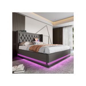 OKWISH Lit adulte 160×200cm lit complet - Lit coffre avec chargement USB fonction LED - Coton gris (avec sommier et matelas)