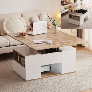 Table basse relevable bois 100x51x47cm Table basse salon moderne avec 2 plateaux 2 tiroirs 3 compartiments et 2 portes - blanc