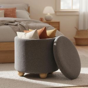 Tabouret Pouf Coffre Rembourr&eacute; - RELAX4LIFE - 35L - Couvercle Amovible - Pieds en Bois de Caoutchouc - 445X445CM - Gris