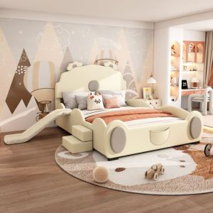 Lit enfant 140 x 200 cm motifs ourson beige avec toboggan et &eacute;chelle sommier inclus (sans matelas)