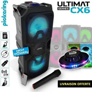 Enceinte Mobile autonome High Power LED RVB 400W USB-BT-SD-FM + Micro sans fil - Pickering CX6 + Jeu UFO Ovni