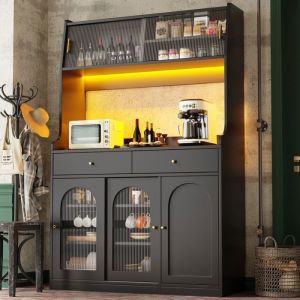 Buffet Salon de Cuisine Armoire Haute LEDVitrine Buffet avec &eacute;tag&egrave;res R&eacute;glables  2 Tiroirs 120x40x180cm noir