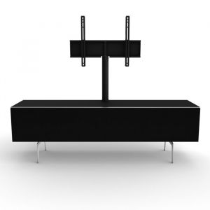 LEYTON - Meuble TV noir avec porte en tissu acoustique noire et colonne TV rotative noire +/-24
