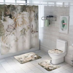 Rideaux de douche blancs avec fleurs et papillons tissu de rideau de salle de bain en Polyester imperméable décor de baignoire
