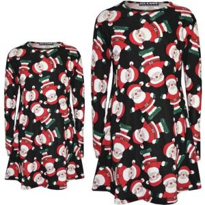 Robe Balan&ccedil;oire Enfant Fille - P&egrave;re No&euml;l Imprim&eacute; - Santa Noir - Manches Longues