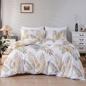 Parure de lit - MOUTON MAISON DECO - Feuilles de Palmier Tropicales - Or et Blanc - Microfibre- 240x260 cm